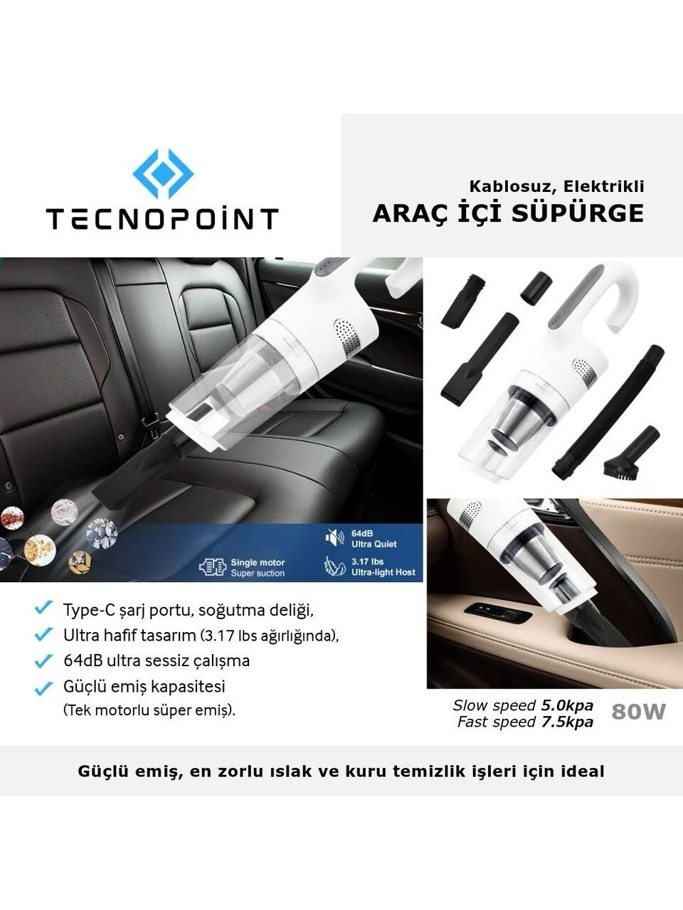 Tecnopoint Kablosuz Araç Içi Süpürge 80w Type-c Şarjlı 1 Adet