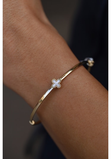 14 Ayar Altın Tek Sedefli Yonca Detaylı Kelepçe Sarı Altın