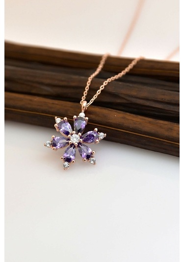 925 Ayar Gümüş Mor Taşlı Kamelya Çiçeği Kadın Kolye