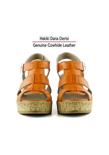 Erkan Saçmacı Xena Turuncu Hakiki Dana Derisi Mantar Taban Görünümlü Dolgu Topuklu Gladyatör Sandalet Turuncu