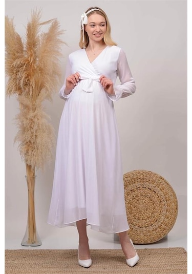 Kadın Beyaz Baby Shower Şifon Hamile Elbise Dphml003 BEYAZ