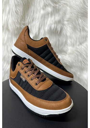 Günlük Erkek Sneaker Bağcıklı Hafif Rahat Fileli Hava Alabilen Yürüyüş Spor Ayakkabısı 014 Siyah - Taba