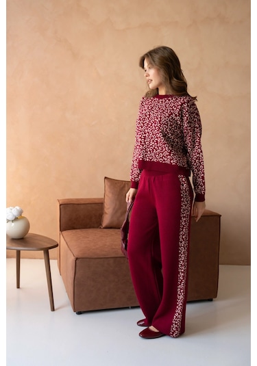 Kadın Geniş Yaka Desenli Kazak Pantolon İkili Triko Takım Bordo
