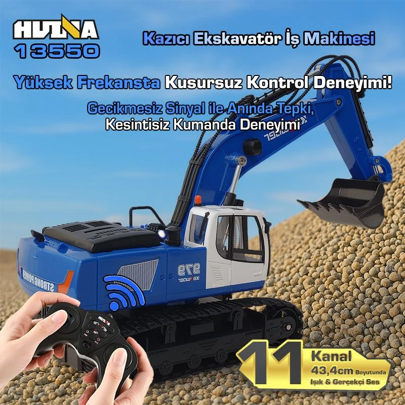 Huına Kaliwo 13550 1/18 11ch Kazıcı Ekskavatör İş Makinesi İnşaat Uzaktan Kumandalı Rc Model Metal Kepçeli Mavi - 2.4ghz Gerçekçi Similasyon Ses Ve Işık Sistemi Huına13550/blue