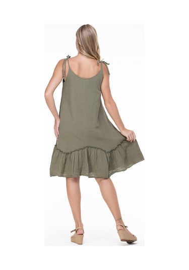 Askılı Müslin Serra Volanlı Kısa Elbise Haki Hk-haki