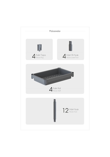 4 Katlı Slim Mutfak & Banyo Raf Ünitesi, Gri Gri