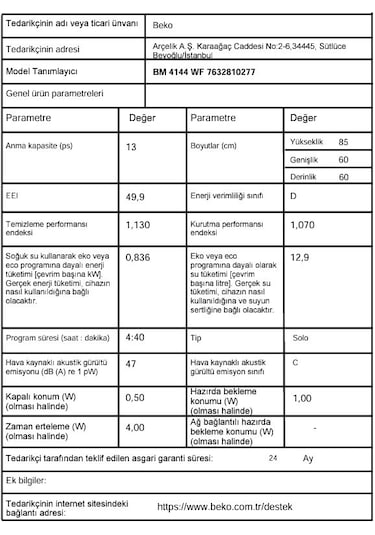 Beko BM 4144 WF 7 Programlı 13 Kişilik Bulaşık Makinesi