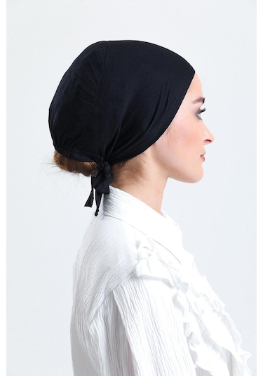 Siyah Arkadan Bağlamalı Tesettür Bone Penye Kumaş Düz Bone 1011 01 Siyah