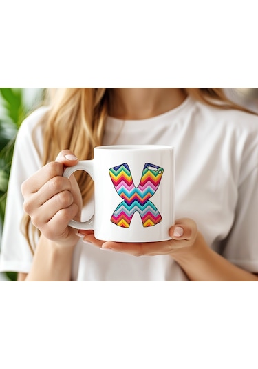 X Harfi Renkli Zigzag Desenli Kupa Bardak - Afrika Tarz Etnik Tasarım Kupa - Kişiye Özel Beyaz