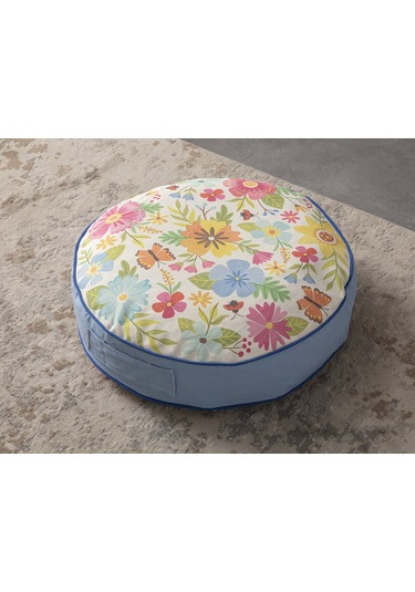 Renkli Çiçek Desenli Yuvarlak Dekoratif Yer Minderi Taşınabilir P