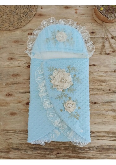 Yenidoğan Topçikli Gül Bahçesi Tül Örtülü Kız Erkek Bebek Klasik Kundak Bebek Battaniyesi Mavi