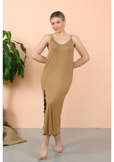 Akbeniz Kadın İp Askılı Yırtmaçlı Uzun Sütlü Kahve Gecelik 90119-sütlü Kahve Sütlü Kahverengi