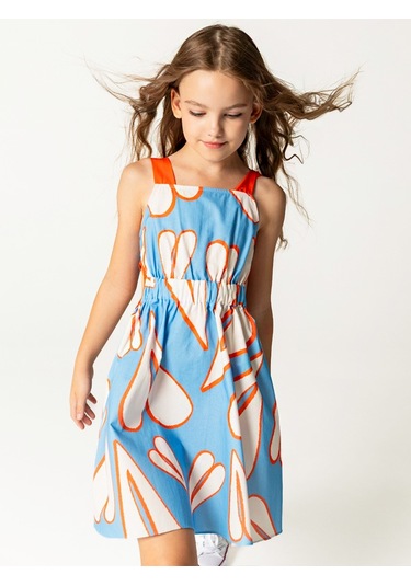 Sheshe Kalp Desenli Askılı Mavi Kız Çocuk Elbise Renkli