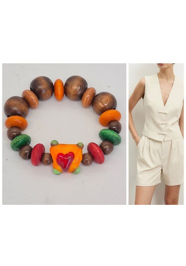 Murona Cam Boncuklu Ahşap Büyük Boncuklu Bileklik