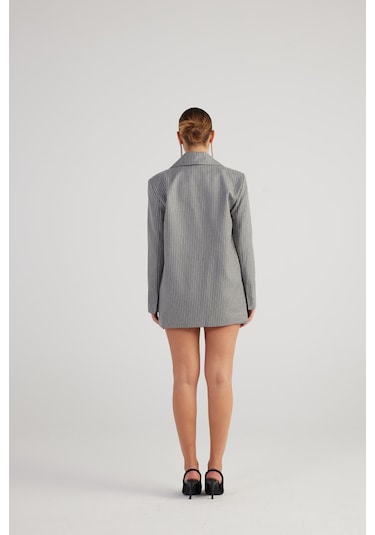 Holly Lolly Oversize Kesim Simli Çizgili Eden Blazer Ceket Gri
