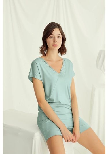 Monamise 18515 Kadın V Yaka Kısa Kollu Şortlu Pijama Takımı-açıkyeşil Açık Yeşil