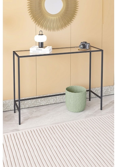 Canvas Metal Dresuar Dekoratif Kahve Köşesi Konsol Siyah Şeffaf Camlı Siyah