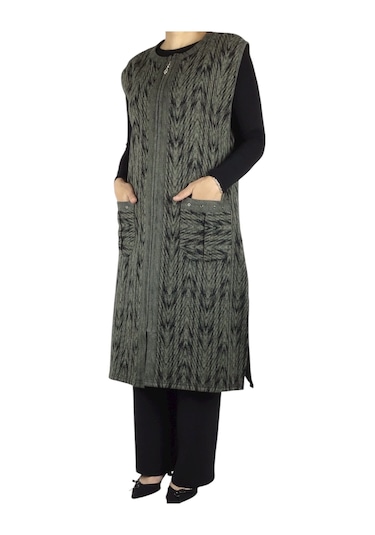 Önü Fermuarlı Desenli Cepli Kalın Kışlık Yelek Yeşil