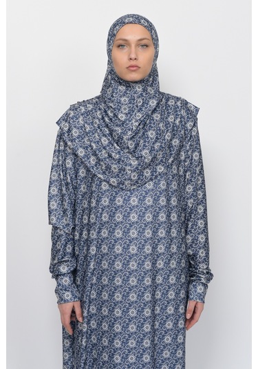 Pratik Tek Parça Güneş Desenli Kollu Tak Çıkar Başörtülü Likralı Tesettür Namaz Elbisesi 990-0302 Lacivert Antrasit