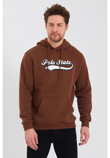 Erkek Baskılı Kapüşonlu 3 İplik Sweatshirt Kahverengi