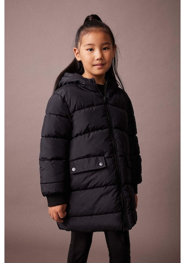 Defacto Kız Çocuk Su İtici Kapüşonlu Şişme Mont A2528A823AUBK27 Siyah