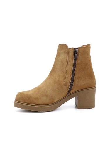 Gönderi R Açık Taba Süet Fermuarlı Kalın Topuklu Hakiki Deri Chelsea Bot Taba Süet