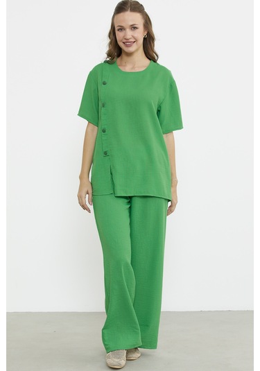 Düğme Detaylı Keten Görünümlü Rahat Takım - Yeşil Yeşil