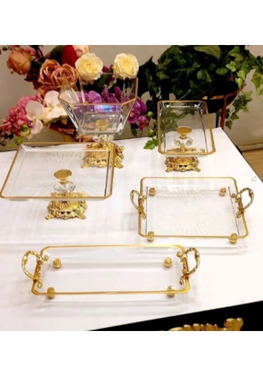 5 Parça Ayaklı Cam Sunumluk Seti Altın
