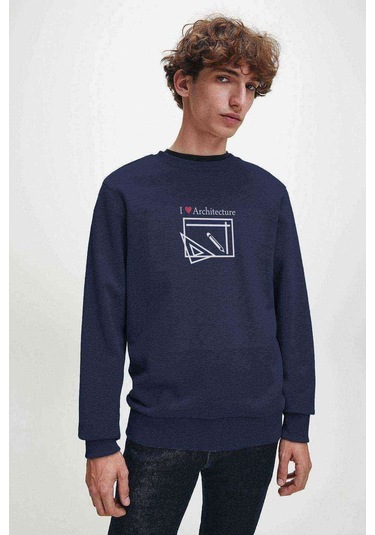 I Love Architecture Baskılı Indigo Erkek Örme Sweatshirt