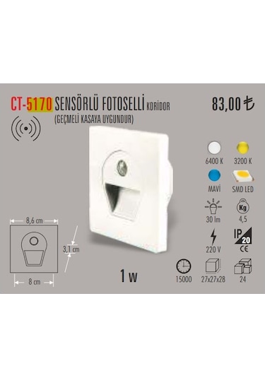 Cata Ct-5170 Sensörlü Led Koridor Merdiven Aydınlatma Gün Işığı