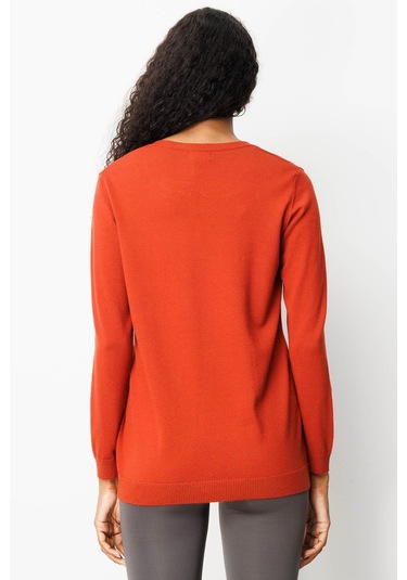 Desen Triko Sıfır Yaka Yakası Çiçek Nakış İşlemeli Kadın Bluz 25094 Kiremit