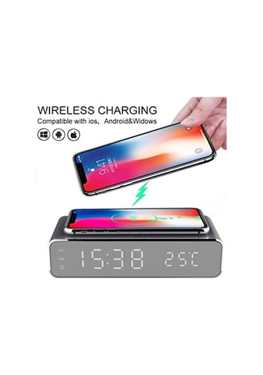 Geeksen Siyah Masaüstü Kablosuz Şarj Cihazı - Alarm Saati, Zaman Ve Sıcaklık Gösterici Led Ekranlı