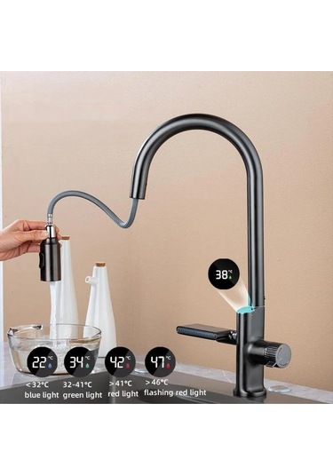 Mutfak Eviye Bataryası Dijital Sıcaklık Sensörlü Duş Şelale Spiralli Yeni