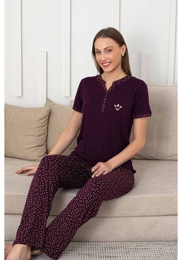 Kadın Mürdüm Desenli V Yaka 3 Düğmeli Likralı Viskon Kısa Kol Pijama Takımı Mürdüm