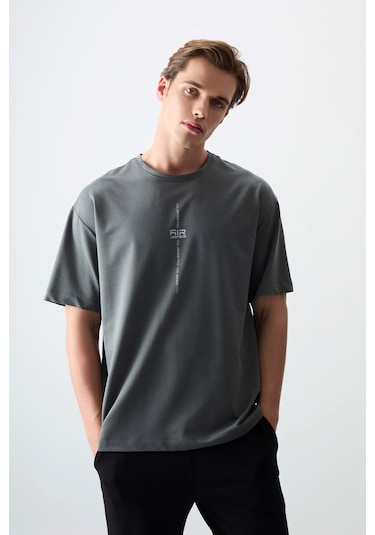 Tommy Life Haki Pamuklu Kalın Yumuşak Dokulu Oversize Fit Baskılı Erkek T-shirt - 88373 Haki