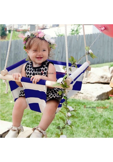 Bundera Ahşap Bebek Salıncak Çocuk Beşik Hamak Salıncağı Mavi Çizgili