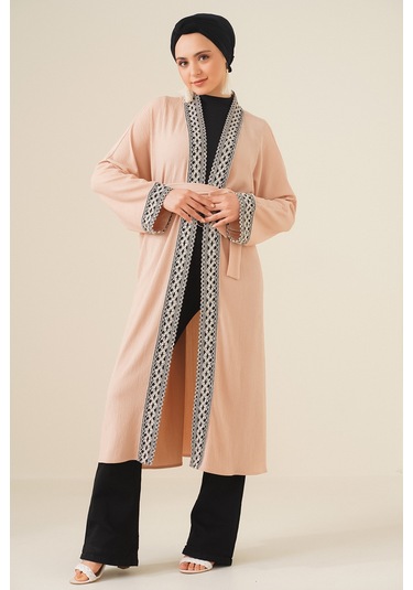 Bigdart 5865 Nakışlı Örme Uzun Kimono - Bisküvi