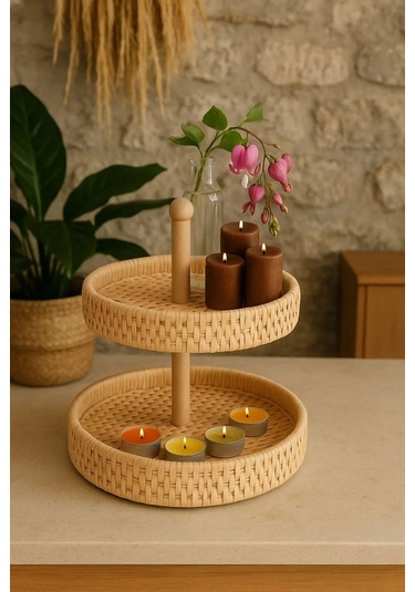 El Yapımı 2 Katlı Doğal Rattan Sunumluk Yuvarlak Servis Tepsisi 25 Cm & 30 Cm Rattan