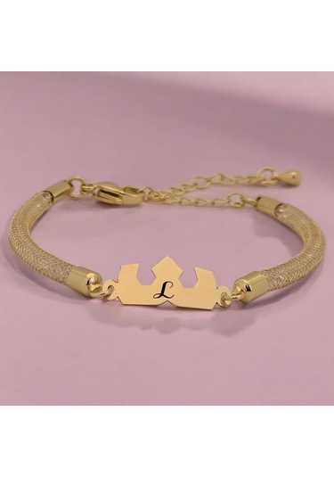 Archin L Harfine Özel 14 Ayar Altın Plakalı Hasır Kordonlu Taç Motifli Hediye Bileklik-461harf L
