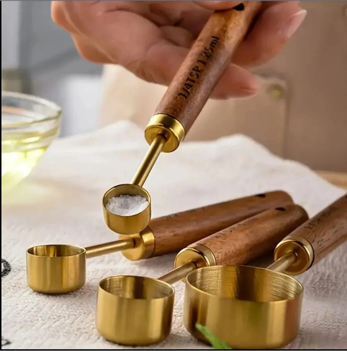 Mucit Home 4 Adet Gold Paslanmaz Çelik Ahşap Saplı Ölçü Kaşığı Seti Ölçü Kabı Gold