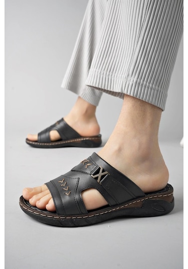 Muggo Ryan Garantili Ortopedik Rahat Taban Deri Görünümlü Erkek Terlik 001