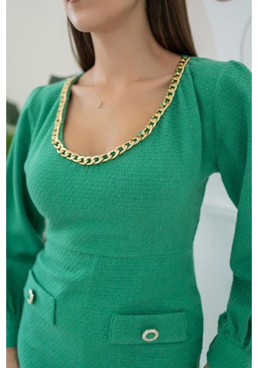 Yeşil Geniş Boğazlı Elbise Yeşil