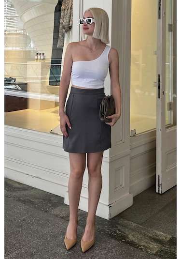 Madmext Füme Yüksek Bel Önden Yırtmaçlı Kısa Etek Mg2086 Füme