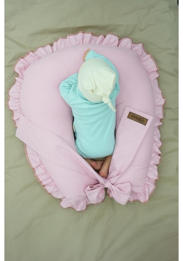 Mordesign Fırfırlı Emzirme Yastığı, Bebek Destek Minderi, Hamile Yastığı, Pamuk Kumaş, Ruffle Seri, Pudra Zg10201