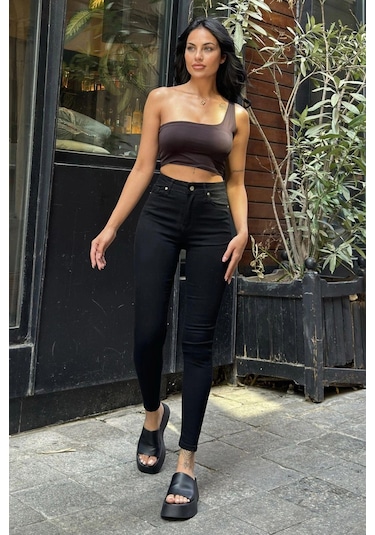 WeShaya Siyah Yüksek Bel Skinny Jean Pantolon Siyah