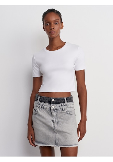Dilvin Çift Renkli Mini Denim Etek Gri