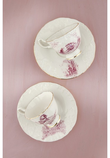 Altın Yaldızlı Gül Kurusu İngiliz Desen 2 Kişilik Kahve Fincan Takımı Beyaz