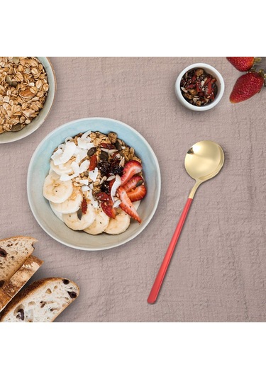 Kosona Portekiz 304 Çelik Copper+kırmızı Uzun Saplı Dolgulu Büyük Yuvarlak Servis Kaşığı - Tatlı/kahvaltı/西餐 Ütensili 1 Adet Altın