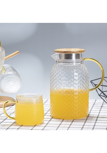 Hangfox 1.4l Büyük Kapasiteli Cam Soğuk Su Potu, Dayanıklı Borosilikat, Pirinç Desenli, Bambu Ve Çelik Kapaklı, Ev Kullanıma Uygun Çok Renkli