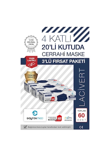 Saytekmed İki Kat Meltblown Koruması, 4 Katlı Lacivert Maske (3 Kutu/60 Adet)